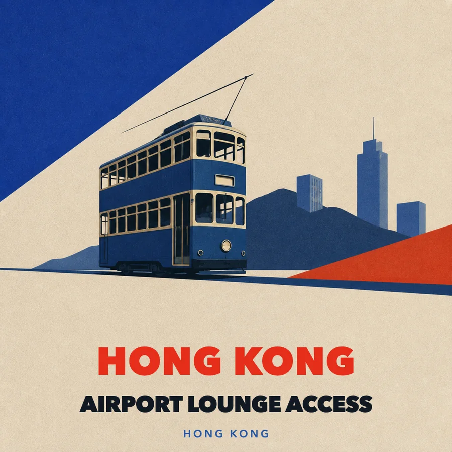 Illustrated Hong Kong airport lounge access travel poster with a blue tram and Hong Kong skyline