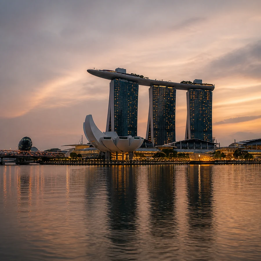 Singapore skyline and Marina Bay waterfront at sunset
